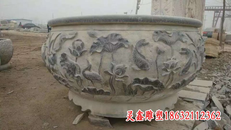 仿古荷花鯉魚石浮雕水缸